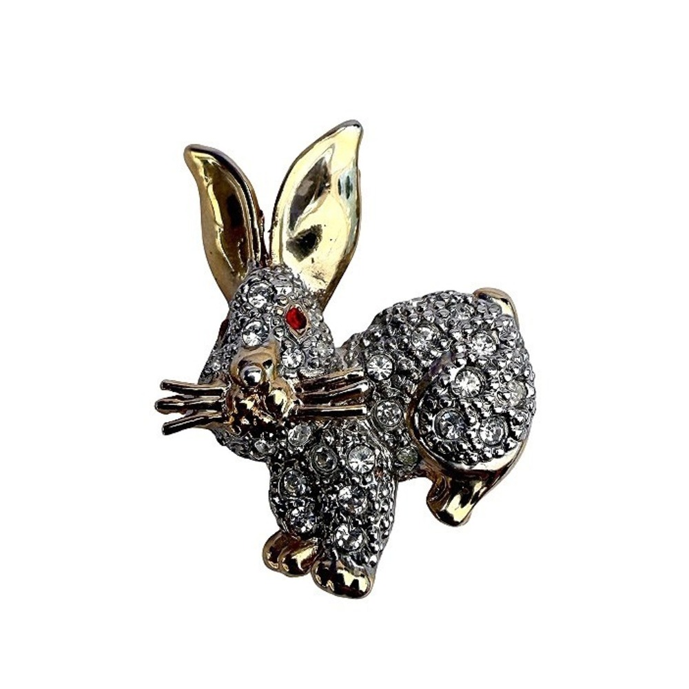 Rabbit Pin Jeweled Rhinestone Brooch Gold Tone Animal Jewelry Red Eyes Costume